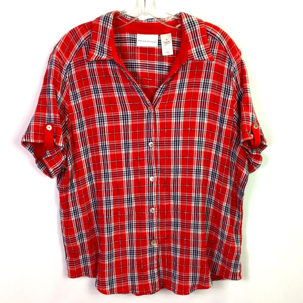 Alfred Dunner Red Plaid Top size 18 button up short sleeves collar